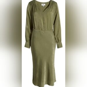 Socialite Bias Cut Olive‎ Long Sleeve Midi Dress Size Small